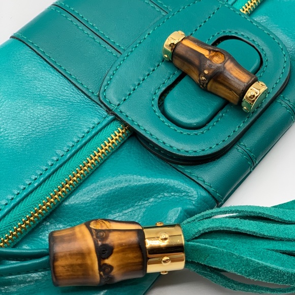 Gucci Turquoise Lucy Fold Over Clutch with Bamboo - Picture 7 of 8